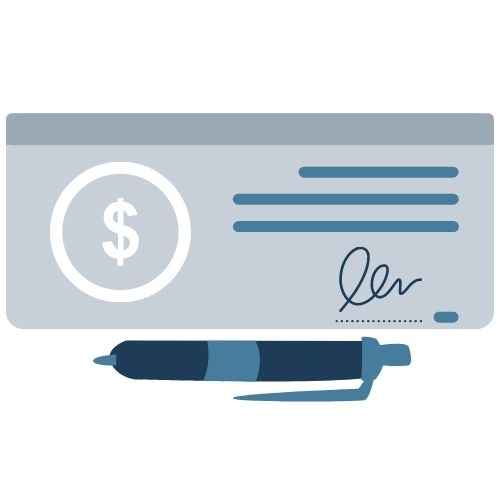 Blue and gray check graphic with a pen