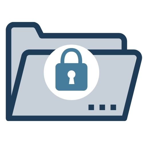Blue and gray graphic with an open file folder and a lock