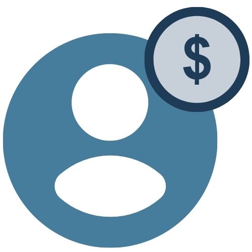 Blue and gray graphic with a person icon and a dollar sign