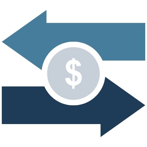 Blue and gray graphic with two arrows in opposite directions and a dollar sign