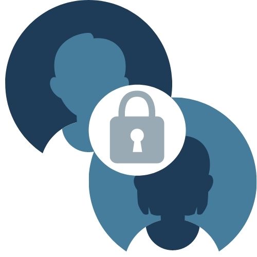 Blue and gray graphic with a man, a woman and a lock