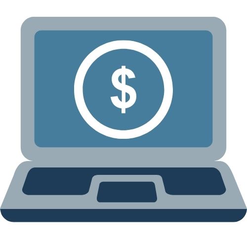 Blue and gray laptop graphic with a dollar sign