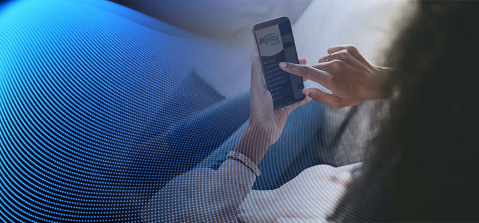Woman using phone with blue overlay