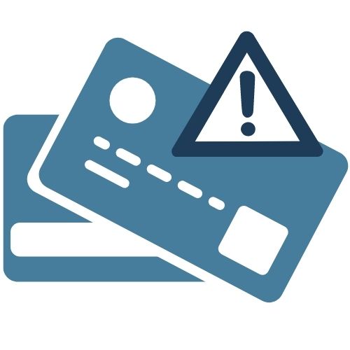 Blue credit card graphic with an exclamation point warning