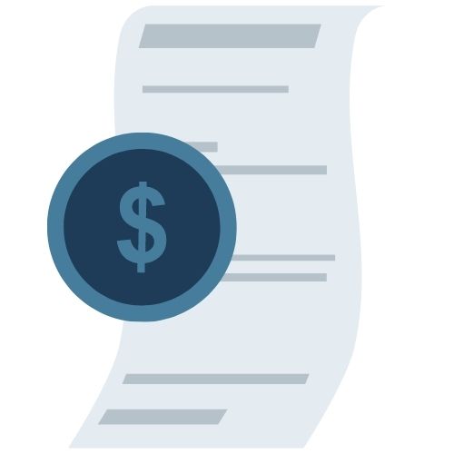 Blue and gray graphic with a document and a dollar sign