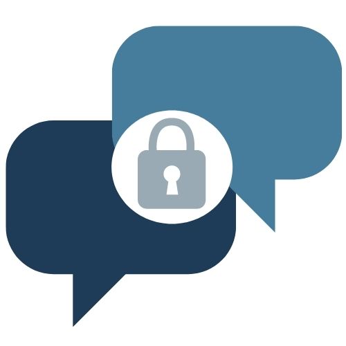 Blue and gray graphic with two chat bubbles and a lock