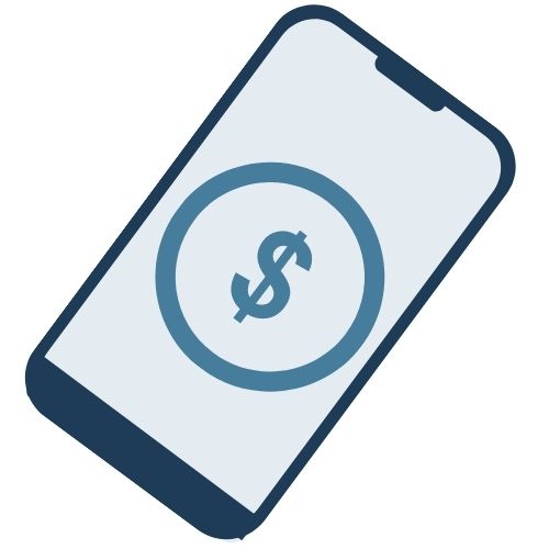 Blue and gray graphic with phone and dollar sign